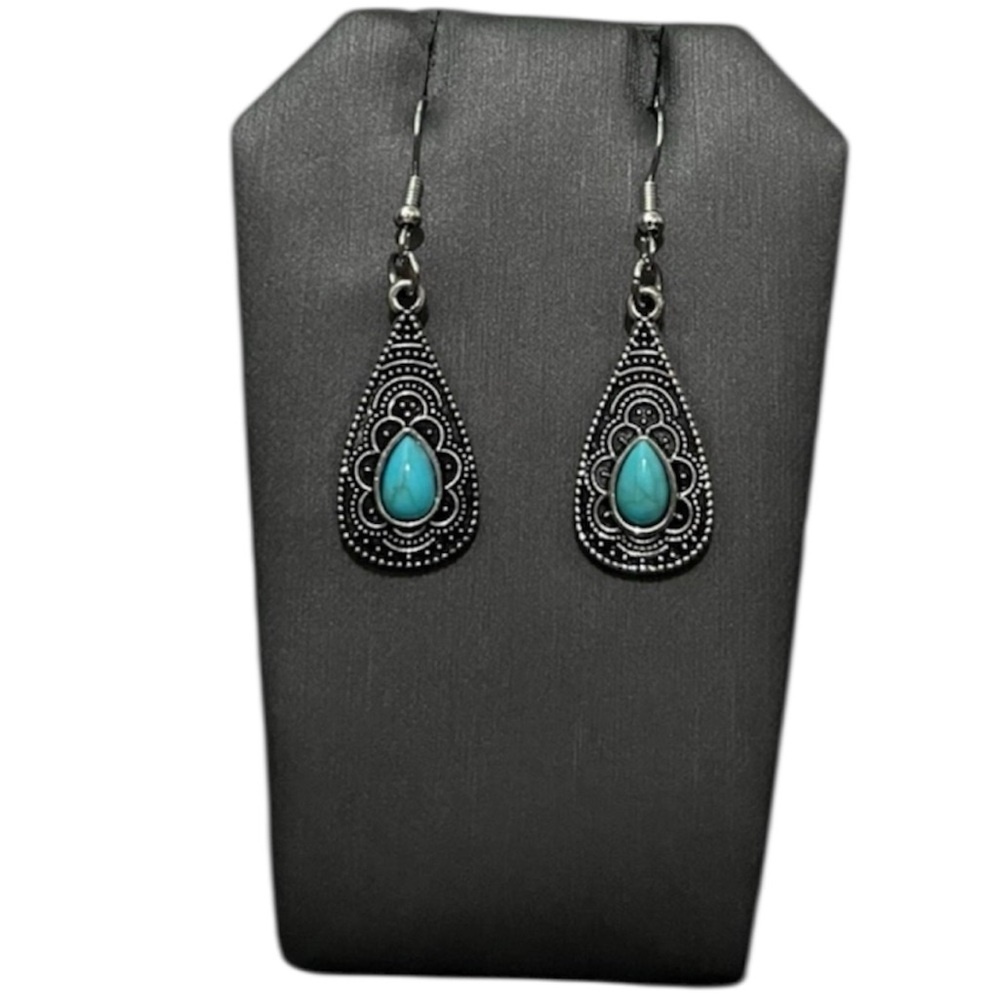 Western Silver Turquoise Teardrop Dangle Earrings Boho Filigree Hook